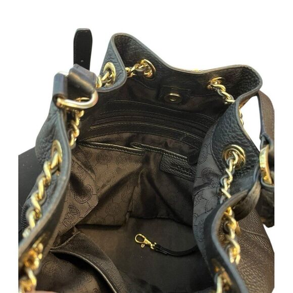Michael Kors Black Pebbled Leather Gold Chain Link MK Bucket Shoulder Bag Purse - Picture 7 of 9